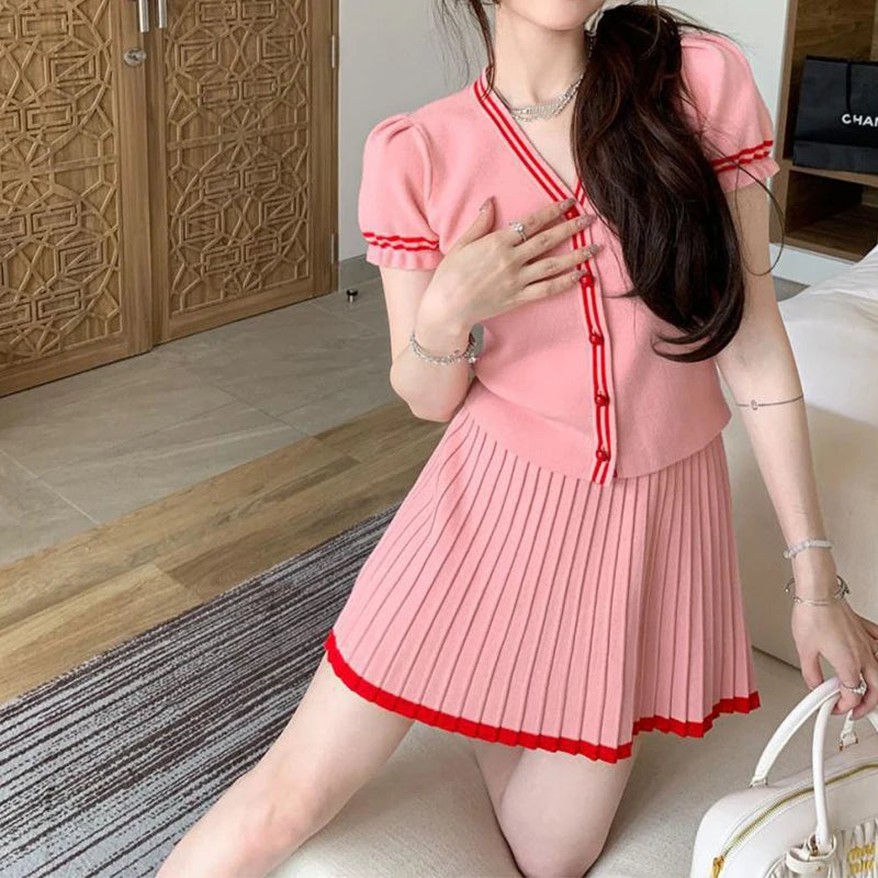 Women New Sweet Summer Knit Set V-neck Single Breasted Short Sleeved Cardigan Tops And High Waist Mini Pleated Skirt Female Suit