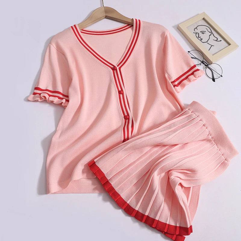 Women New Sweet Summer Knit Set V-neck Single Breasted Short Sleeved Cardigan Tops And High Waist Mini Pleated Skirt Female Suit