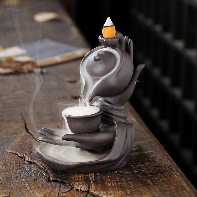 1pc, Creative Home Decorations Zen Meditation Buddha Hand Lotus Tea Ceremony Backflow Incense Burner Candle Holders Home Decor