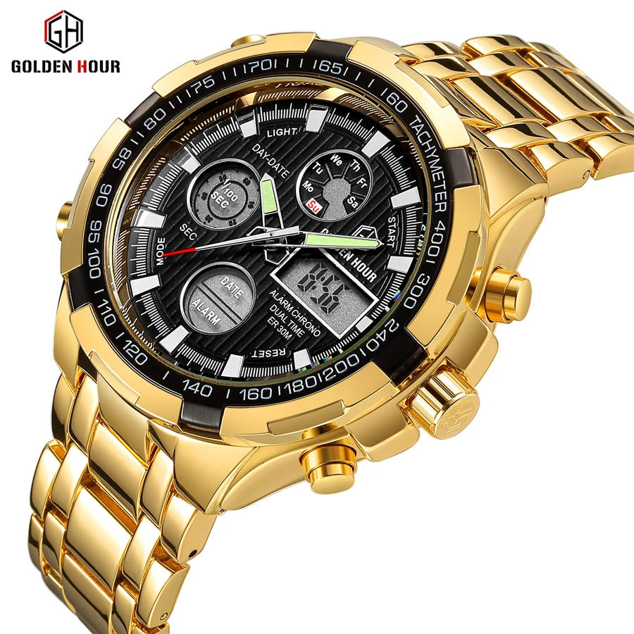 GOLDEN HOUR Top Brand Luxury Men Watches Business Sport Quartz  Luminous Point Hands Alarm Setting With Dual Display Wristwatch