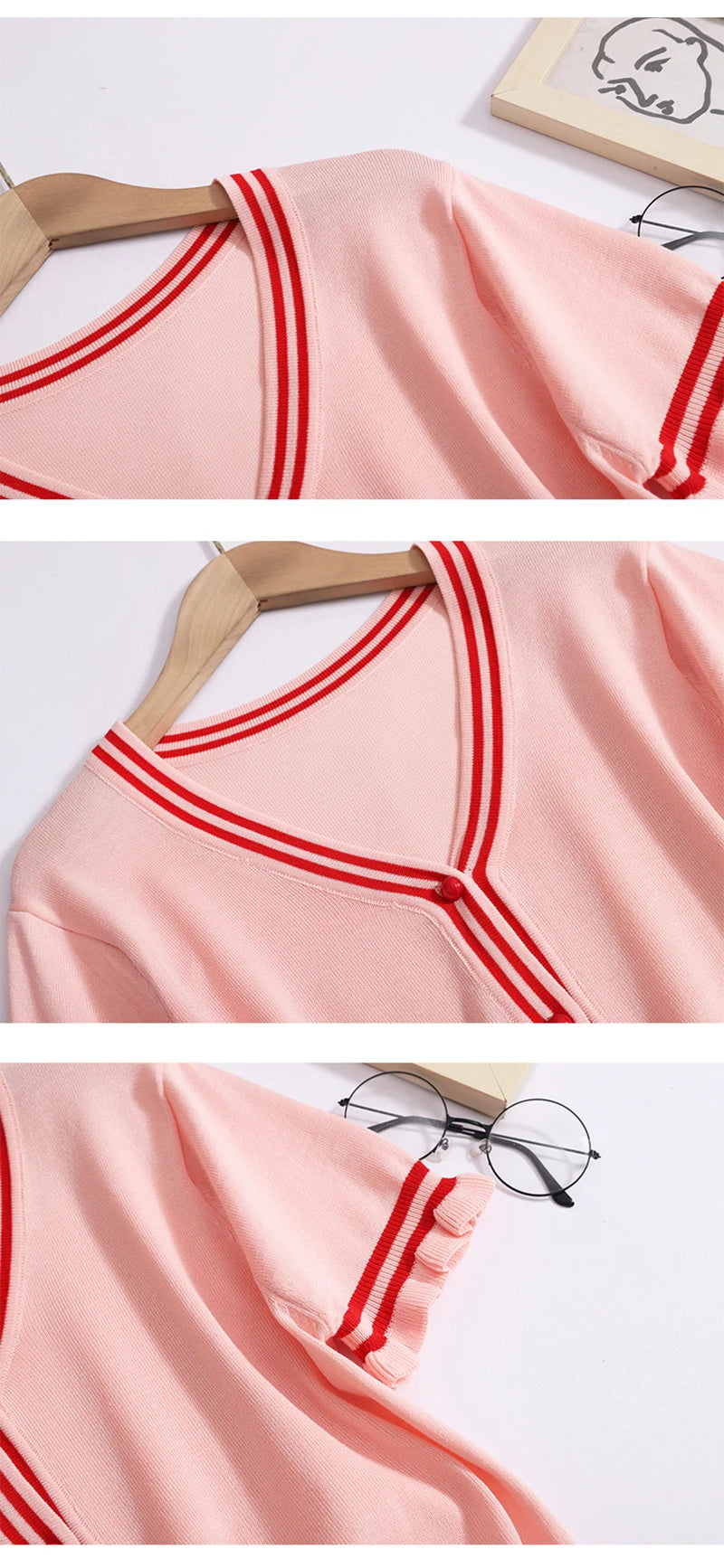 Women New Sweet Summer Knit Set V-neck Single Breasted Short Sleeved Cardigan Tops And High Waist Mini Pleated Skirt Female Suit