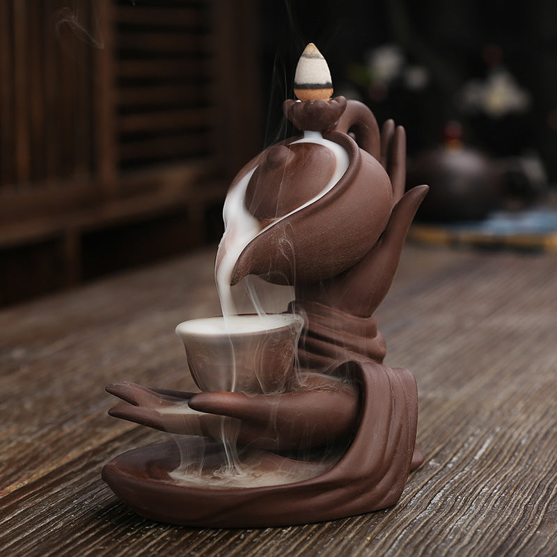 1pc, Creative Home Decorations Zen Meditation Buddha Hand Lotus Tea Ceremony Backflow Incense Burner Candle Holders Home Decor