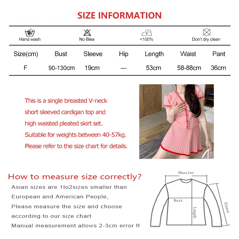 Women New Sweet Summer Knit Set V-neck Single Breasted Short Sleeved Cardigan Tops And High Waist Mini Pleated Skirt Female Suit