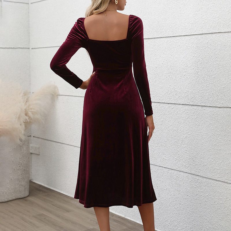 Split Mid-length Velvet Square Collar Dress