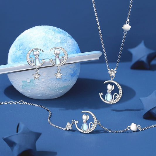 925 Sterling Silver Star Moon Cat Necklace For Women