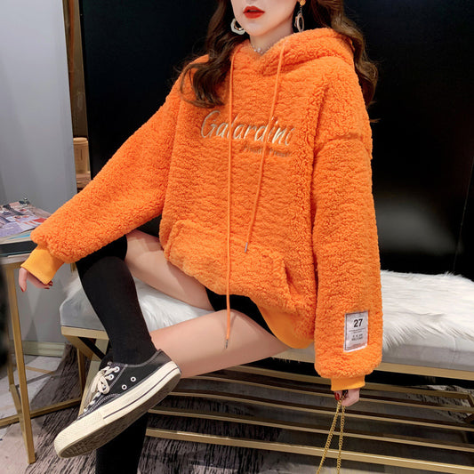 Fashion Embroidery Lamb Wool Sweatshirt Women