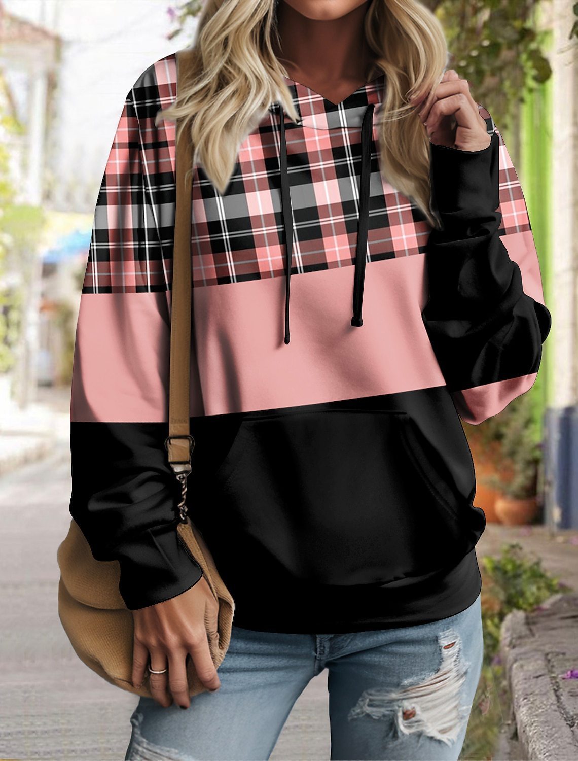 Women's Pullover Plaid Color Block Hoodie Long Sleeve