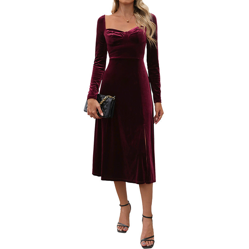 Split Mid-length Velvet Square Collar Dress