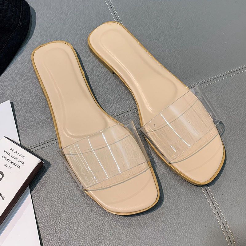 Women's Square Toe Thick Heel Flat Transparent Slippers