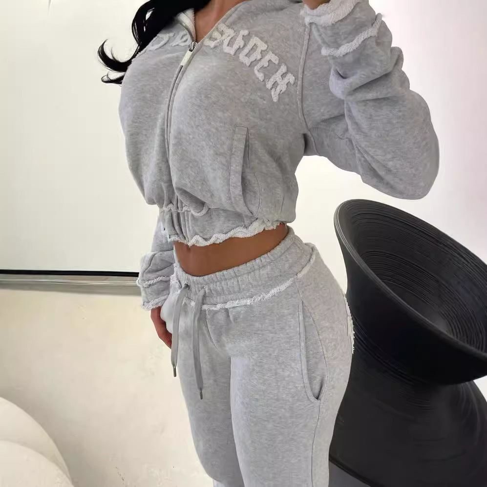 Polyester Casual Cropped Hoodie Trousers Suit