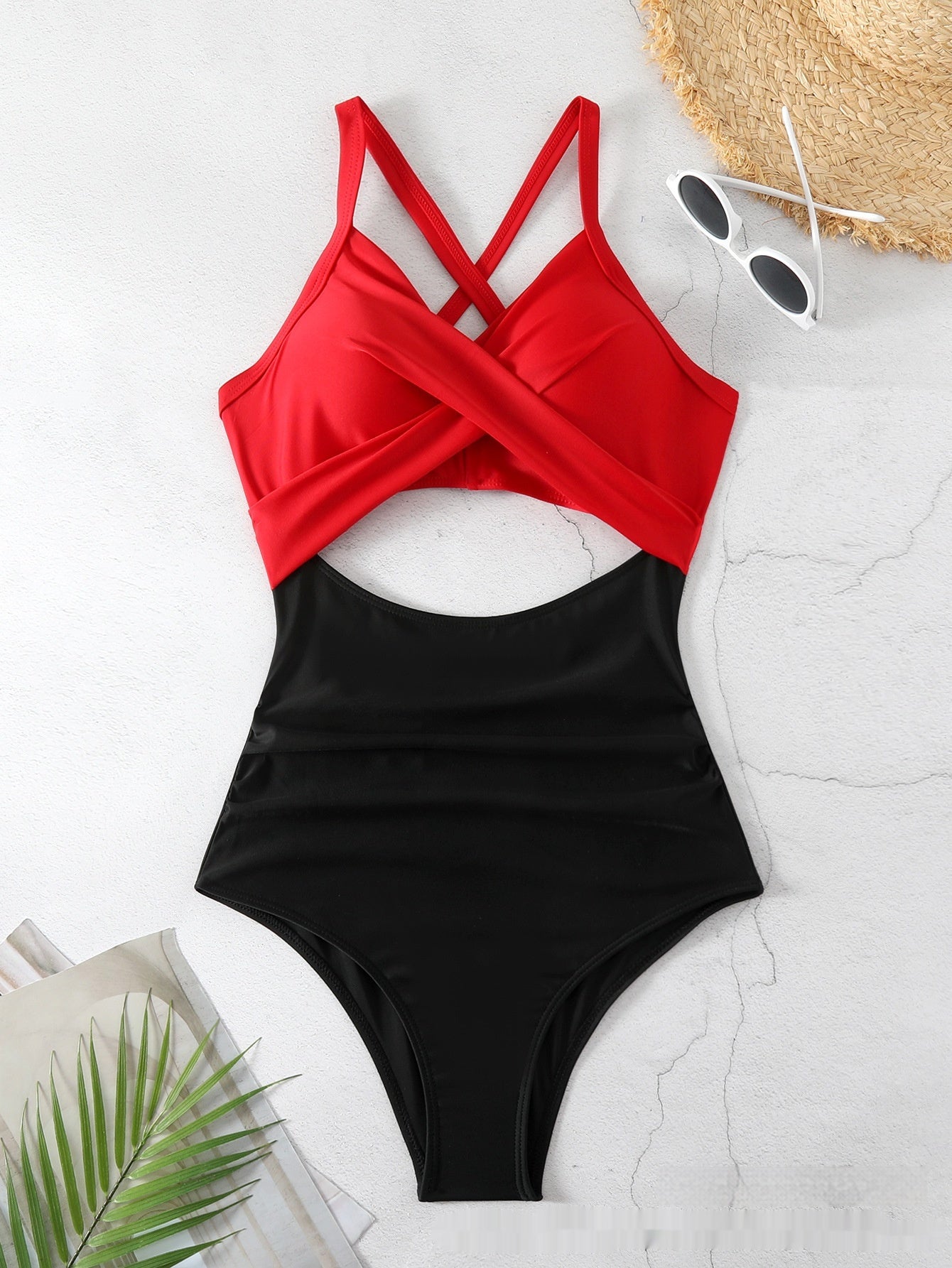 Sexy Cutout Cross Color Matching Swimsuit