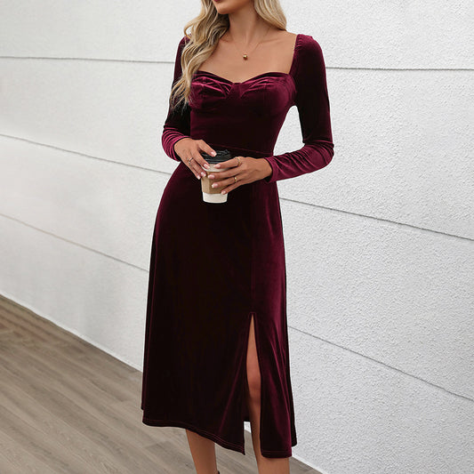 Split Mid-length Velvet Square Collar Dress