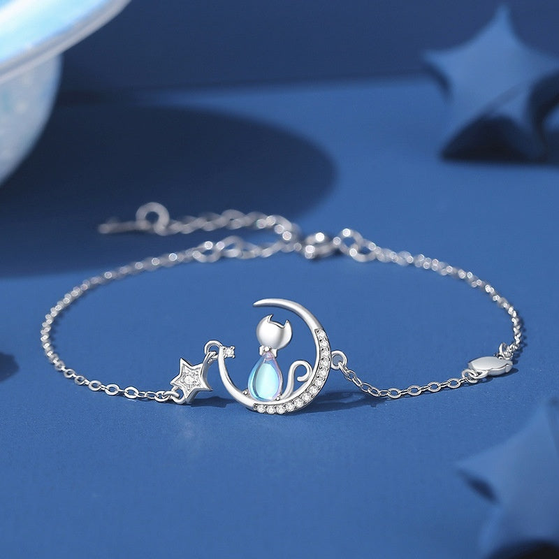 925 Sterling Silver Star Moon Cat Necklace For Women