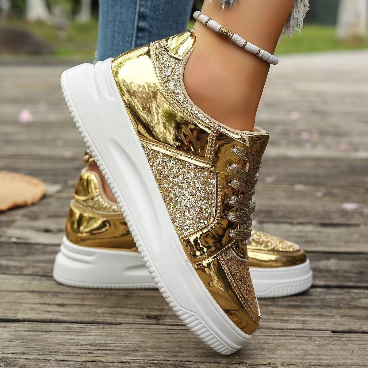 Fashion Lace-up Flat Shoes With Sequin Design Casual Sports Thick Bottom Round Toe Shoes For Women Non-slip Walking Sneakers