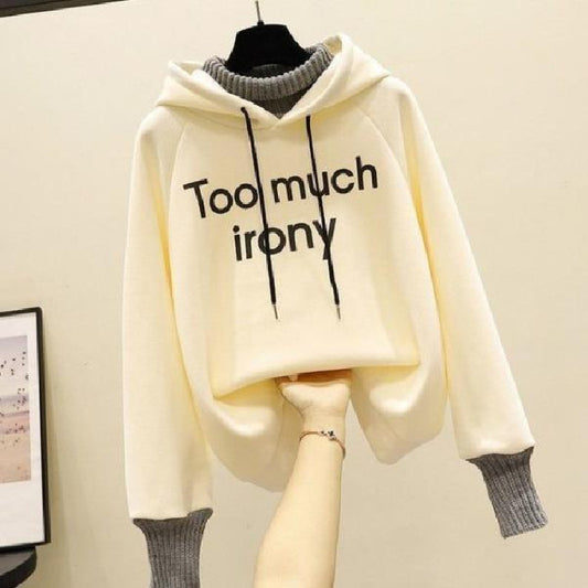 Fake Two-piece Fashion Tops Fleece-lined Thickening Print Letter Hooded Sweater