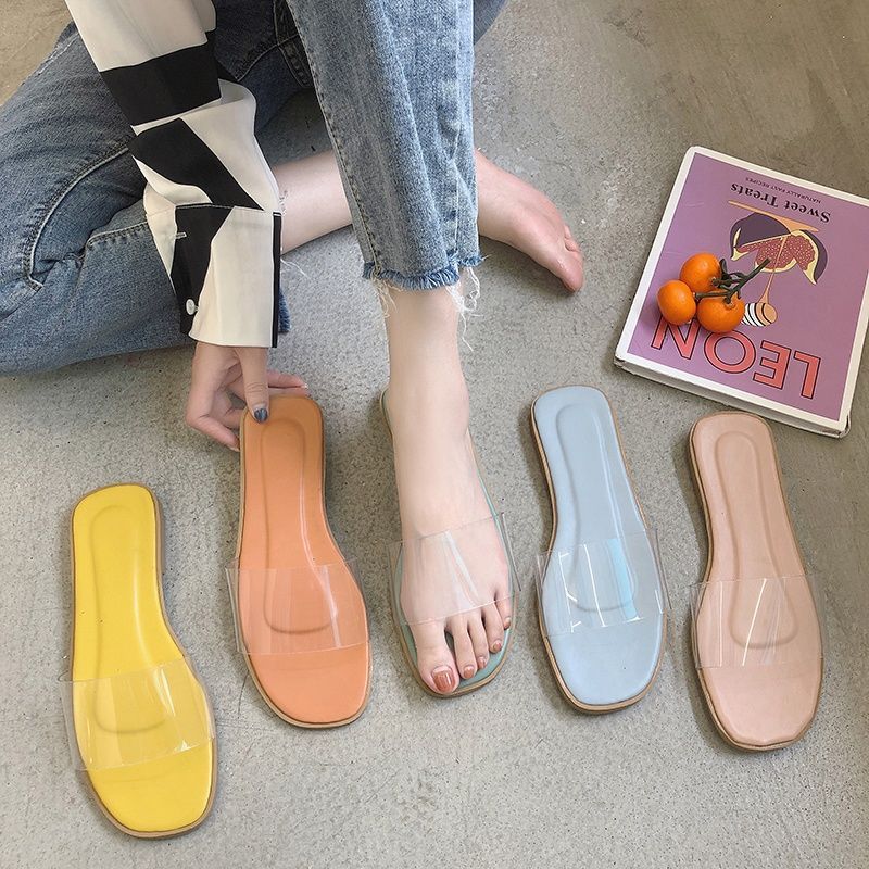 Women's Square Toe Thick Heel Flat Transparent Slippers