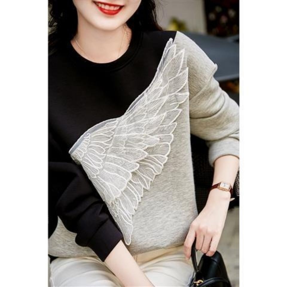 Color Contrast Patchwork Three-dimensional Wings Embroidered Crew Neck Sweater