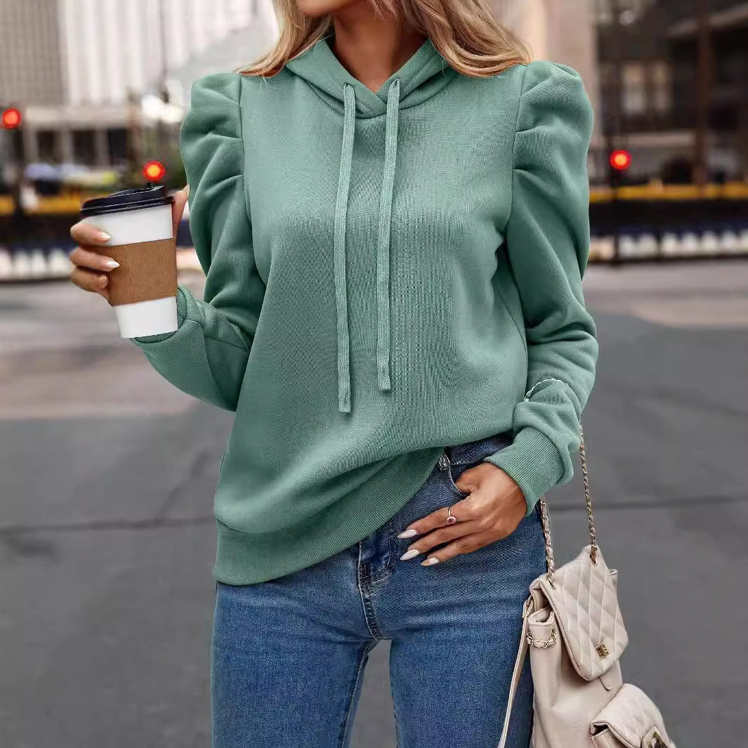 Lapel Hooded Solid Color Long-sleeved Casual Women's Top Sweater