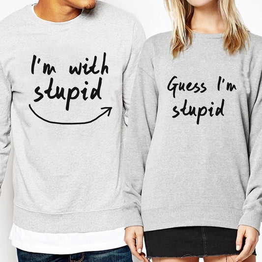 L'm With Stupid And Guess L'm Stupid Couple's European And American Fashion Round Neck Sweater