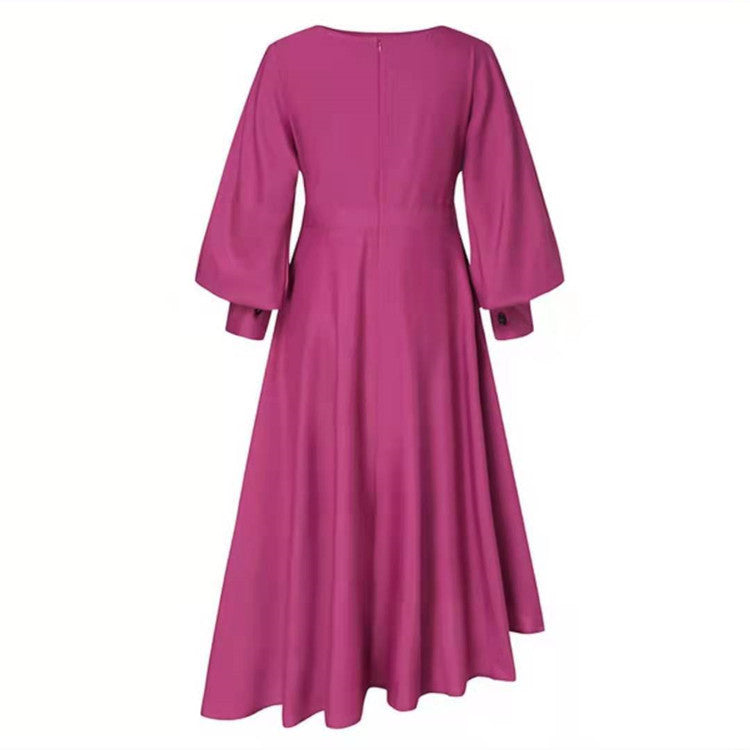 Women's Solid Color Irregular Long-sleeve Round-collar Dress