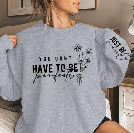 Pullover Round Neck Long Sleeves Flowers Letter Print Sweatshirt