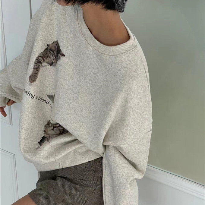 Niche Design Cat Printing Simple Cute Thermal Round-neck Sweater