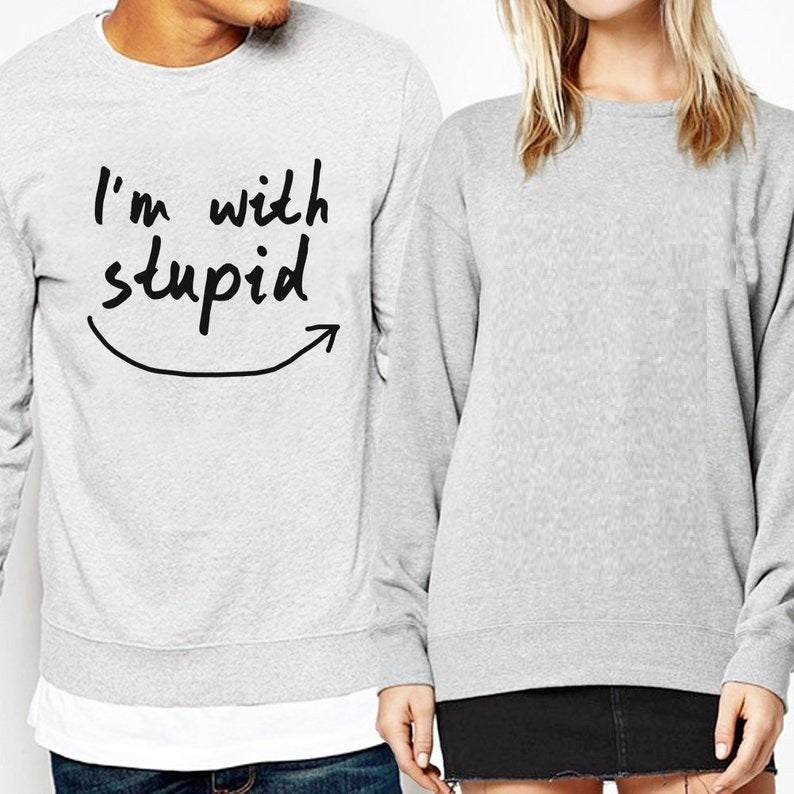 L'm With Stupid And Guess L'm Stupid Couple's European And American Fashion Round Neck Sweater